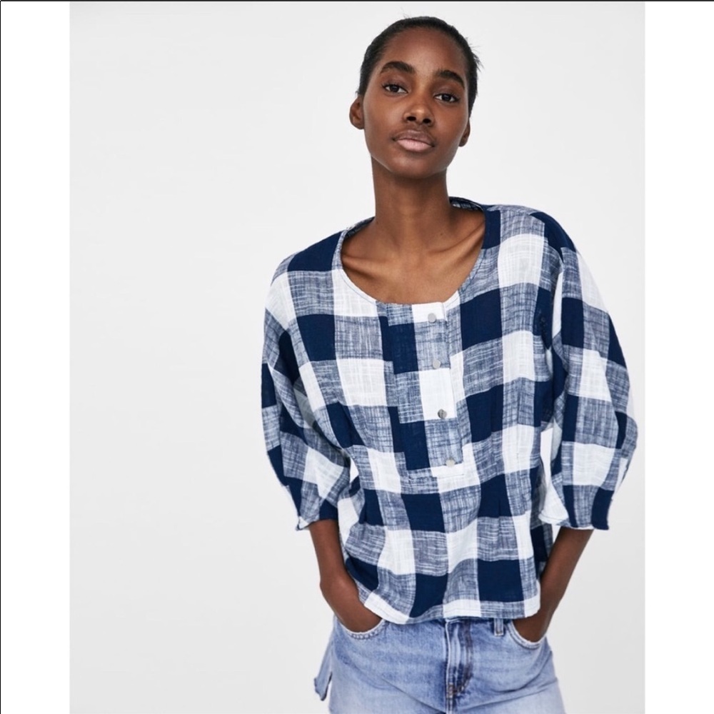 Zara Navy & White Check Linen Blouse size medium